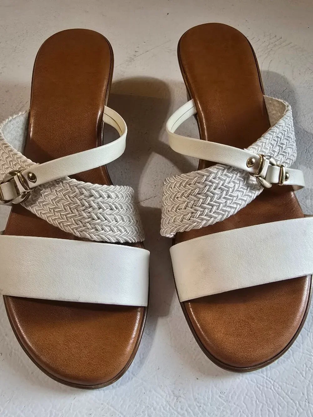 Made in Italy White Woven Straps Low Wedge Slide Sandals Gold Buckle Accent